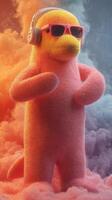Colorful and fluffy creature enjoying music with headphones in a vibrant cloud setting photo
