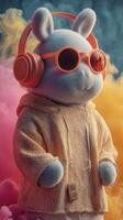 Cool bunny character wearing headphones and sunglasses blends into vibrant smoky background at a fun event photo