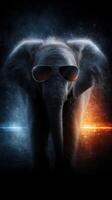 Elephant wearing sunglasses stands confidently against a dark, glowing background with blue and orange lights photo