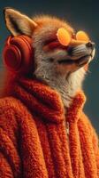 Creative fox character in vibrant orange hoodie and sunglasses enjoying music indoors photo