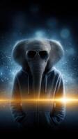 Creative portrayal of a stylish elephant in a hoodie with sunglasses against a cosmic background photo