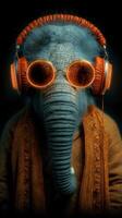 Elephant wearing headphones and glasses in a colorful and creative portrait photo