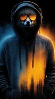 Raccoon in a hoodie wearing sunglasses standing in an artistic representation with blue and orange colors photo