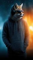 Fox character wearing headphones and sunglasses in a stylish hoodie against a colorful urban background photo