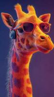 Giraffe wearing sunglasses and headphones in a vibrant setting enjoying music photo