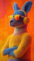 Cool furry rabbit in sunglasses and headphones posing against a vibrant orange and yellow background photo