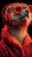 Meerkat wearing sunglasses and headphones in a vibrant red setting enjoying music photo