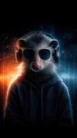 Cool animal wearing headphones and sunglasses in a digital setting with vibrant colors and sound waves photo