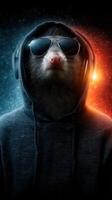 Stylish animal wearing sunglasses and headphones in a dark and vibrant setting with contrasting colors photo