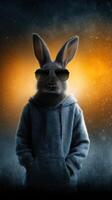 Cool rabbit wearing sunglasses and a hoodie in an atmospheric setting at dusk photo
