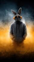 Cool rabbit wearing headphones in a vibrant urban setting at night with a mix of colors photo