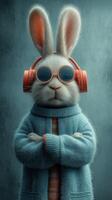 Stylish rabbit wearing sunglasses and headphones poses confidently in a cozy sweater against a textured background photo