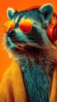 Cool raccoon wears sunglasses and headphones with vibrant orange background photo