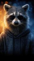 Raccoon in sunglasses wearing a hoodie stands confidently against a dramatic blue and orange background at night photo
