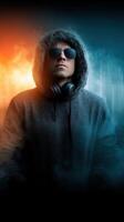 Chill and thrill moment captured with a stylish figure wearing a hoodie and sunglasses against a vibrant background photo