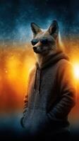 Stylish anthropomorphic fox stands confidently in a hoodie against a glowing urban backdrop during twilight photo