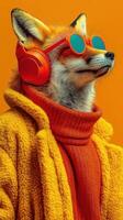 Stylish fox wearing headphones and sunglasses poses against a vibrant orange background photo