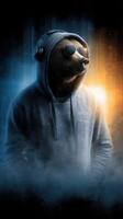 Unique bear character in a hoodie and sunglasses standing against a dramatic backdrop of blue and orange lighting photo