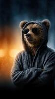 Cool bear character wears sunglasses and a hoodie in an urban night setting with dramatic lighting effects photo