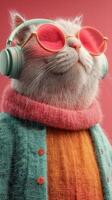 Stylish cat wearing sunglasses and headphones poses confidently against a colorful background in a playful artistic setting photo