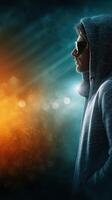 Profile of a person in a hoodie with sunglasses against a colorful background during a night event photo