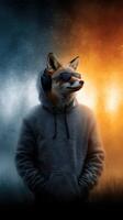 Fox character wearing sunglasses and headphones in an urban setting during nighttime music performance photo