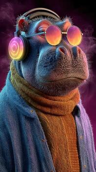 Stylish primate wearing headphones and sunglasses, posed against a colorful background in a cool vibe setting photo