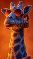 Giraffe wearing sunglasses and headphones in a vibrant orange background setting photo