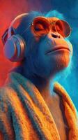 Monkey in sunglasses and headphones enjoys music in a colorful atmosphere photo