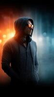 Stylish man in hoodie and sunglasses standing confidently against a vibrant light backdrop at night photo