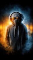 Elephant-headed figure in hoodie with headphones and sunglasses amid glowing colorful smoke photo