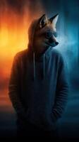 Fox character in hoodie and sunglasses stands against a striking orange and blue smoky background at night photo