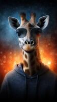 Giraffe wearing sunglasses and a hoodie stands confidently against a vibrant background photo