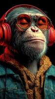 Monkey wearing headphones enjoys music while relaxing in a stylish outfit, showcasing a blend of urban and playful aesthetics photo