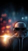 Stylish person in hoodie and sunglasses listening to music at night with colorful lights in the background photo