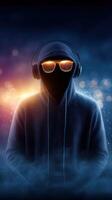 Mysterious figure in a hoodie wearing headphones and sunglasses against a glowing background during nighttime photo