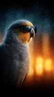Cool bird wearing sunglasses strikes a pose against a fiery background at twilight photo
