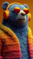 Colorful bear wearing sunglasses and headphones relaxes in a cozy setting with vibrant hues during a sunny day photo