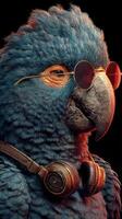 Colorful parrot with headphones and glasses showcases a unique style against a dark backdrop photo