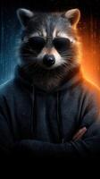 Raccoon in sunglasses wearing a hoodie poses confidently against a dramatic background of blue and orange photo