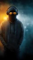 Mysterious figure in dark attire and sunglasses listening to music in a dramatic lighting setting photo