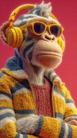 Cool monkey character in vibrant setting wearing headphones and sunglasses, showcasing unique fashion sense photo