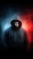 Gorilla wearing a hoodie stands confidently against a dramatic red and blue background in an artistic representation of wildlife and urban culture photo