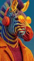 Colorful zebra wearing sunglasses and headphones enjoys music in a vibrant urban setting at sunset photo