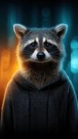 Raccoon character wearing a hoodie in a colorful urban backdrop at night photo