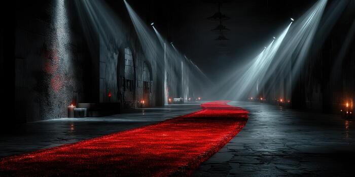 Dark corridor illuminated by beams of light with a red carpet leading through a mysterious location photo