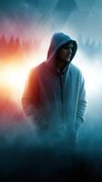Mysterious figure in a hoodie standing in the misty forest at dawn with a contrasting orange and blue background photo