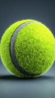 Bright green tennis ball with fuzzy texture on a dark background, spotlighting its vibrant color and unique design photo