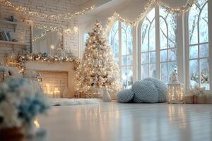 Elegant winter living room with a decorated Christmas tree and snow-covered windows in a cozy setting photo