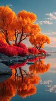 Colorful autumn trees reflect in calm water beside scenic landscape at sunset photo